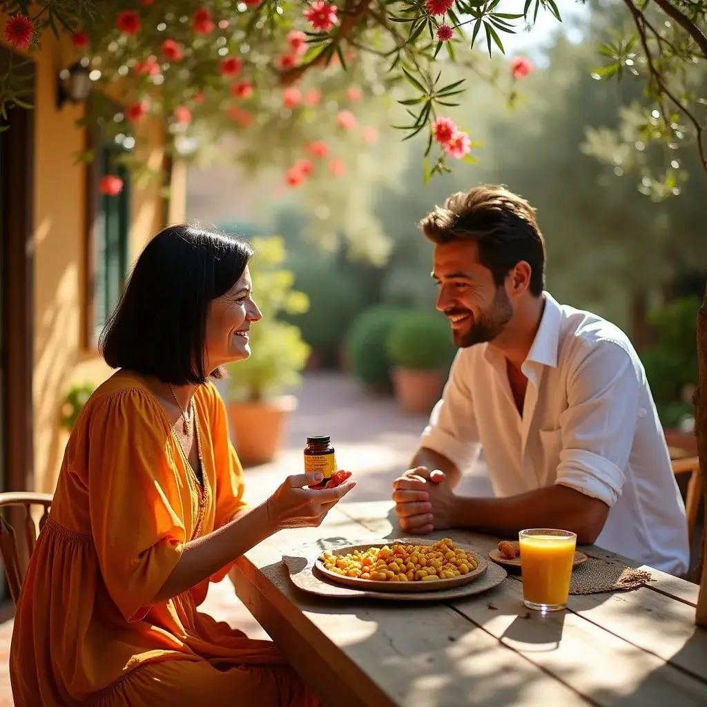 Cúrcuma en polvo esparcida junto a cápsulas en una superficie de mármol.