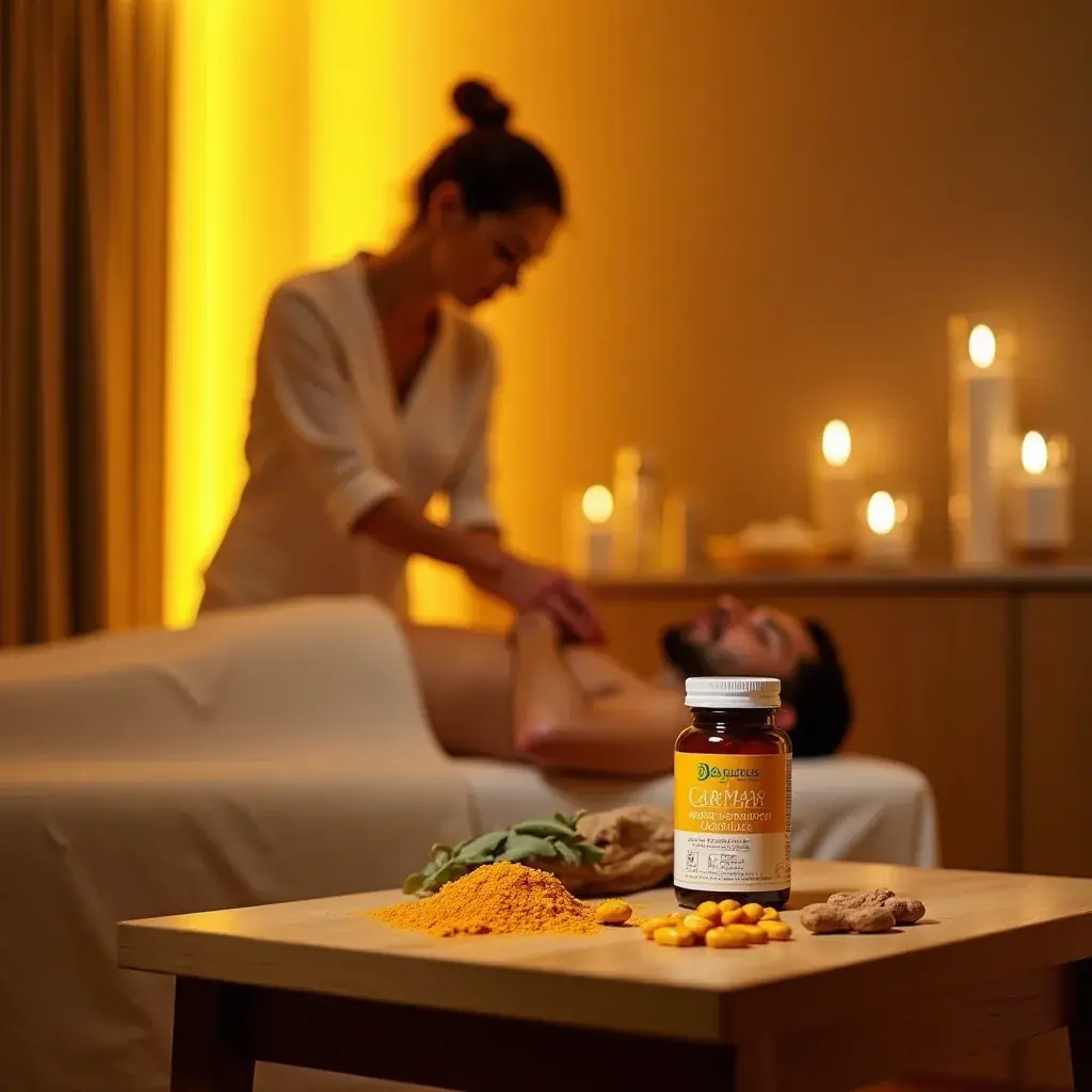 Cápsulas de cúrcuma en un frasco sobre fondo blanco.